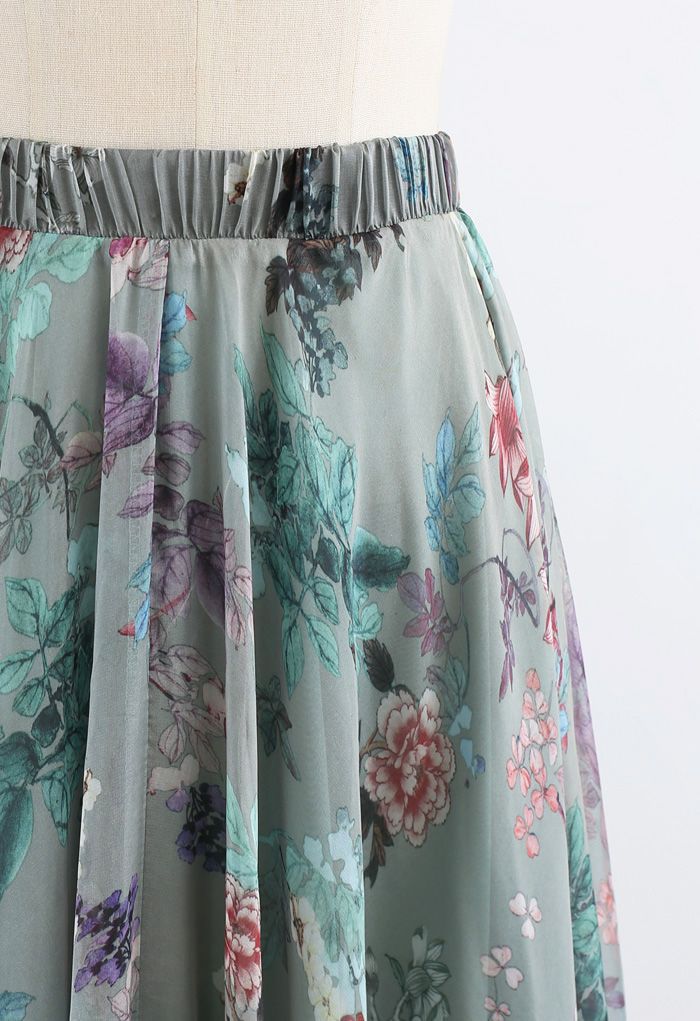 Women Sage Mist Floral Printed Maxi Skirt with Soft Pastel Shades Lightweight Flow and Comfortable Flared Silhouette