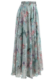 Women Sage Mist Floral Printed Maxi Skirt with Soft Pastel Shades Lightweight Flow and Comfortable Flared Silhouette