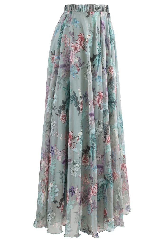 Women Sage Mist Floral Printed Maxi Skirt with Soft Pastel Shades Lightweight Flow and Comfortable Flared Silhouette