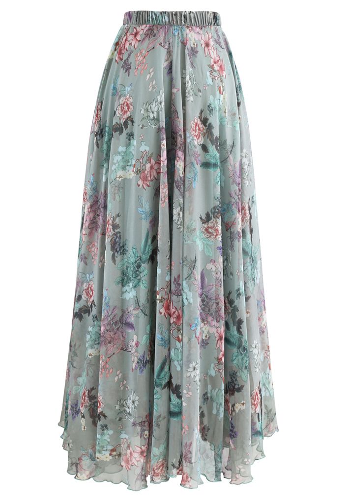 Women Sage Mist Floral Printed Maxi Skirt with Soft Pastel Shades Lightweight Flow and Comfortable Flared Silhouette