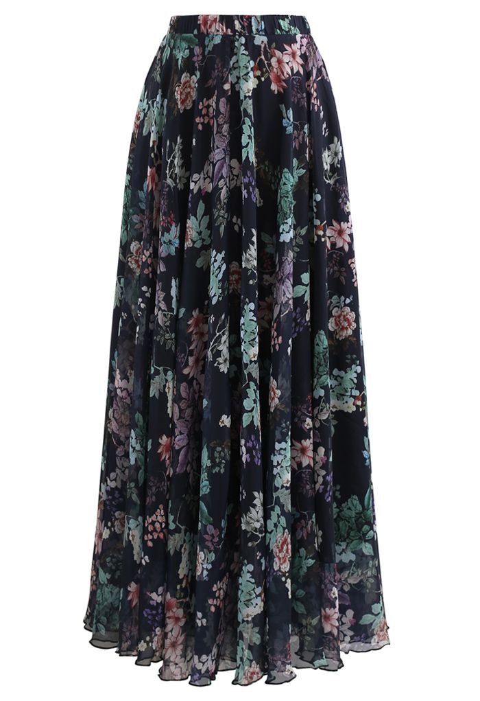 Bohemian Navy Floral High Waisted Chiffon Maxi Skirt
