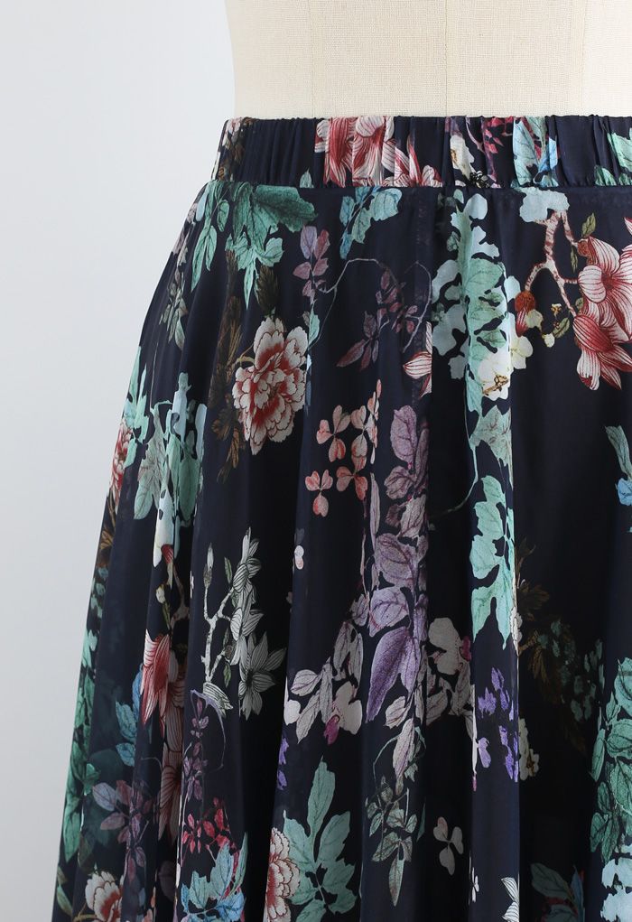 Bohemian Navy Floral High Waisted Chiffon Maxi Skirt