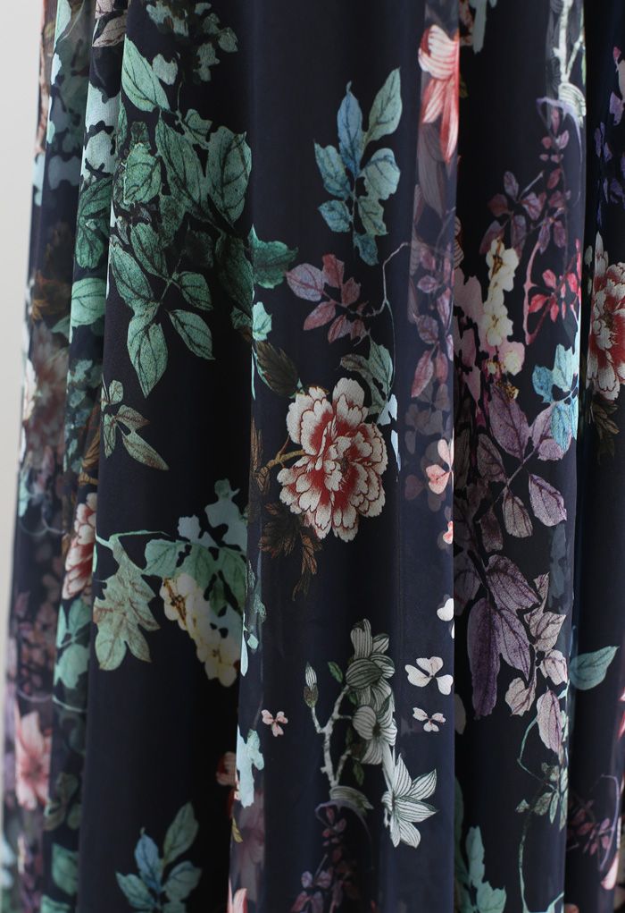 Bohemian Navy Floral High Waisted Chiffon Maxi Skirt