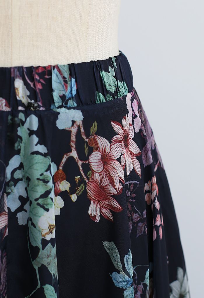 Bohemian Navy Floral High Waisted Chiffon Maxi Skirt