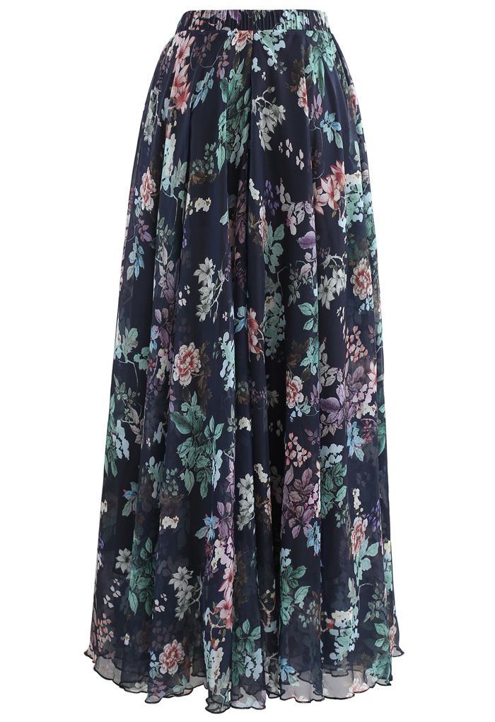 Bohemian Navy Floral High Waisted Chiffon Maxi Skirt