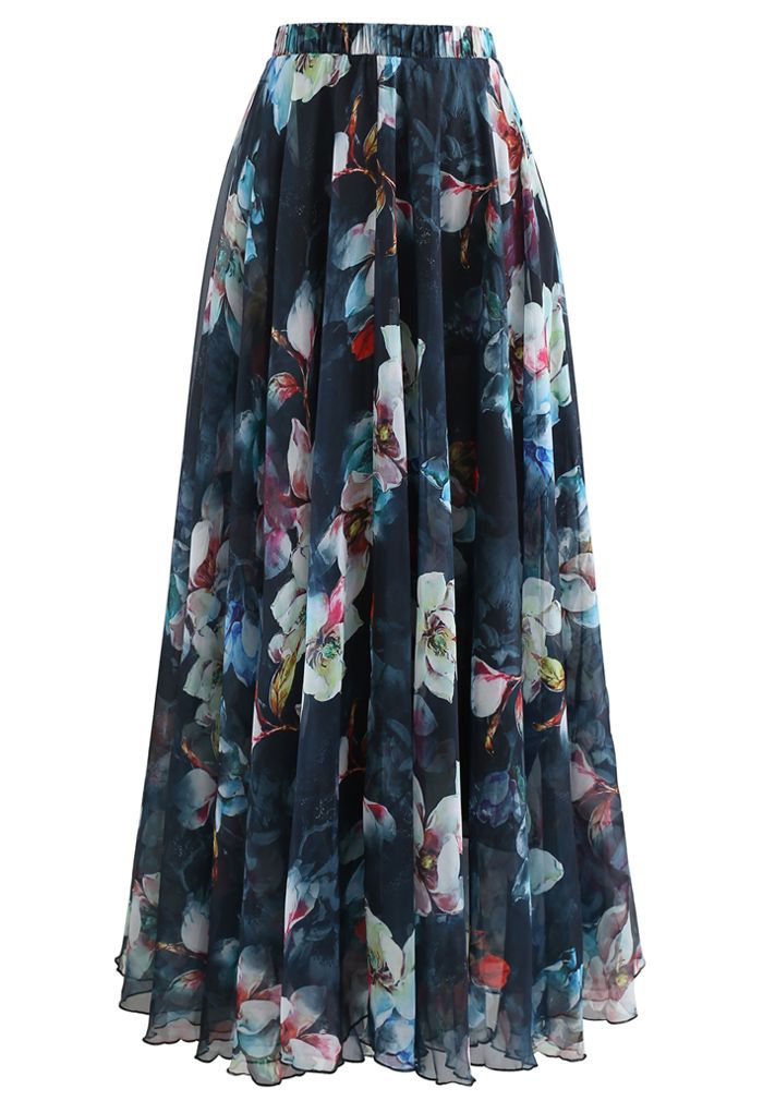 Women Midnight Floral Chiffon Maxi Skirt