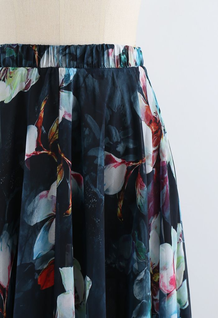 Women Midnight Floral Chiffon Maxi Skirt