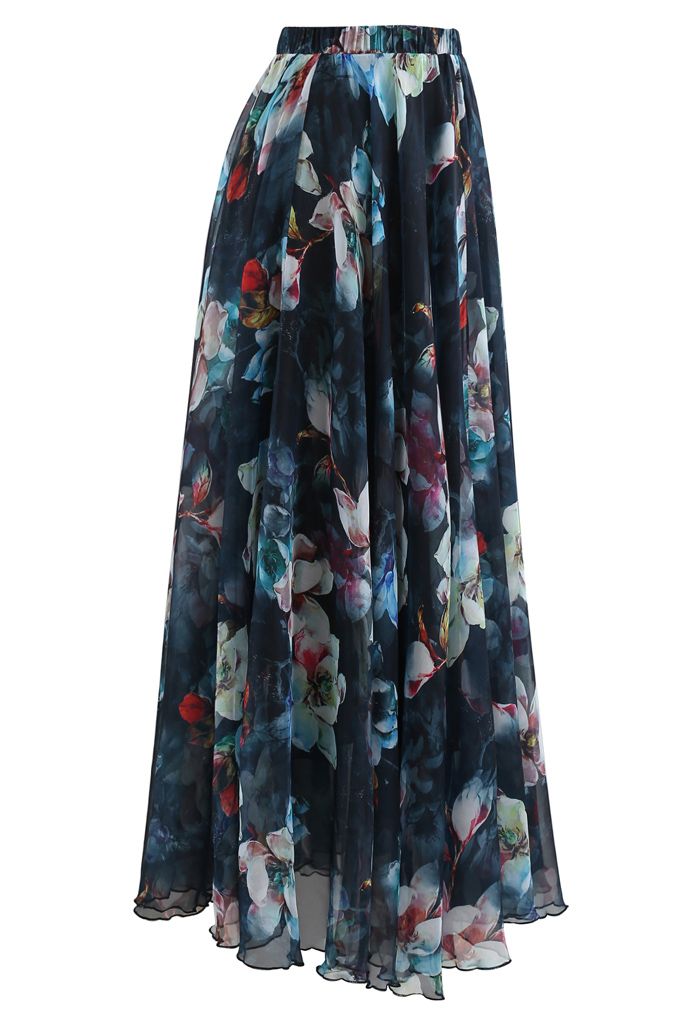 Women Midnight Floral Chiffon Maxi Skirt