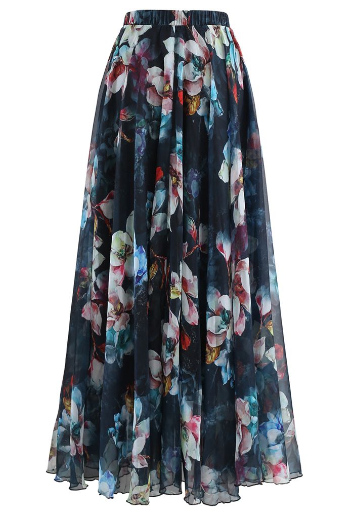 Women Midnight Floral Chiffon Maxi Skirt