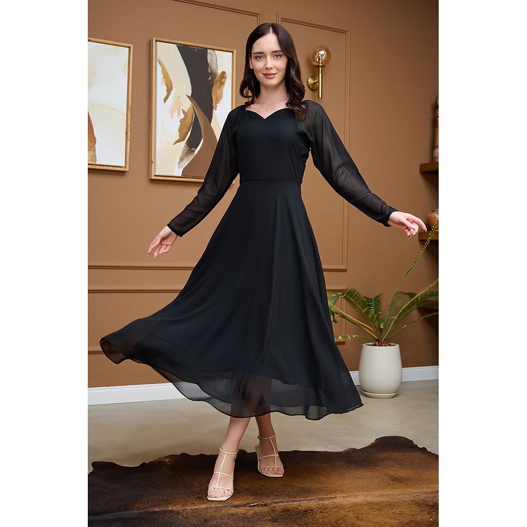 Black Cotton Midi Dress with Sweetheart Neckline and Sheer Full Sleeves