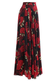 Midnight Rose High Waisted Chiffon Maxi Skirt in Black Red
