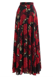 Women Midnight Rose Red Floral Printed Maxi Skirt  Flowing Lightweight Chiffon Fabric with Soft Draped Silhouette for Romantic