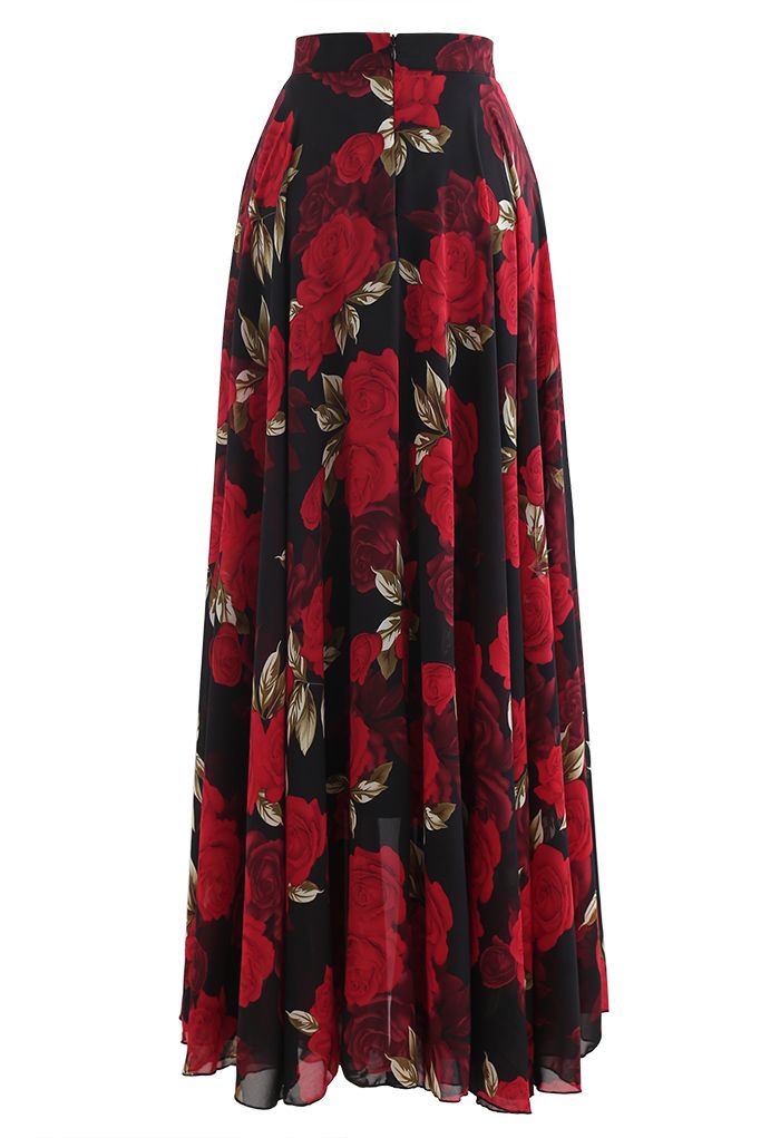 Women Midnight Rose Red Floral Printed Maxi Skirt  Flowing Lightweight Chiffon Fabric with Soft Draped Silhouette for Romantic