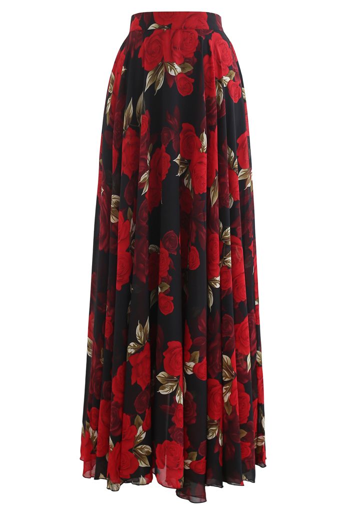 Women Midnight Rose Red Floral Printed Maxi Skirt  Flowing Lightweight Chiffon Fabric with Soft Draped Silhouette for Romantic