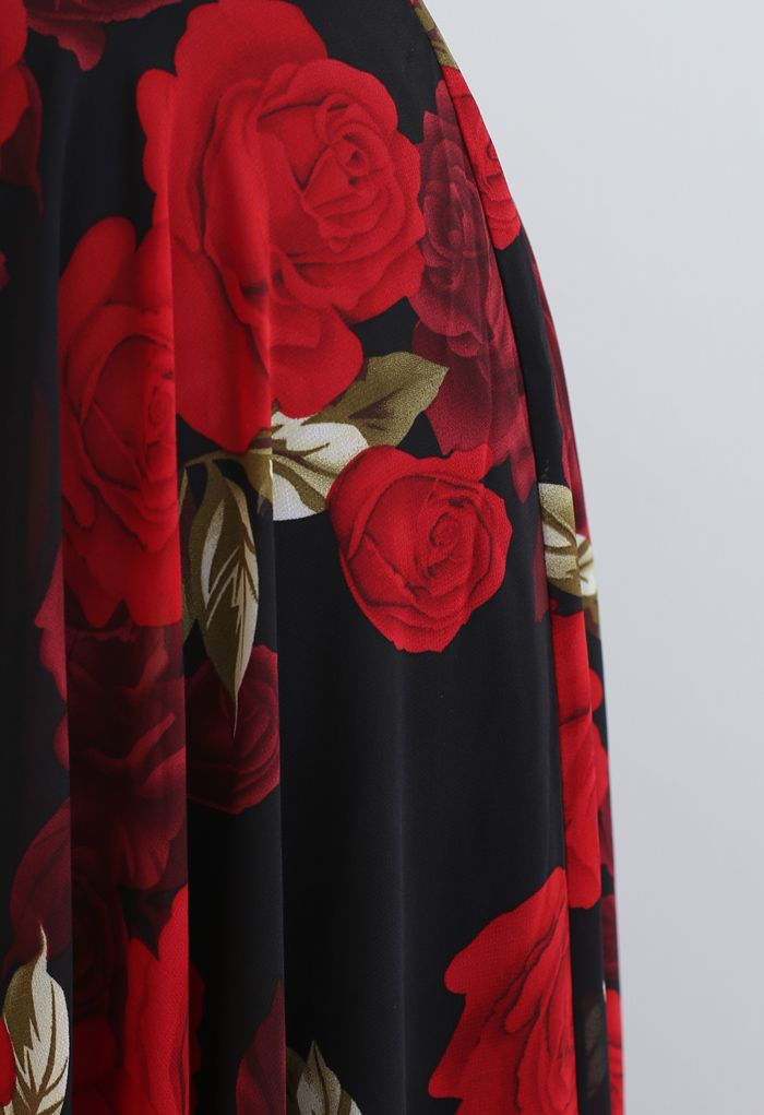 Midnight Rose High Waisted Chiffon Maxi Skirt in Black Red