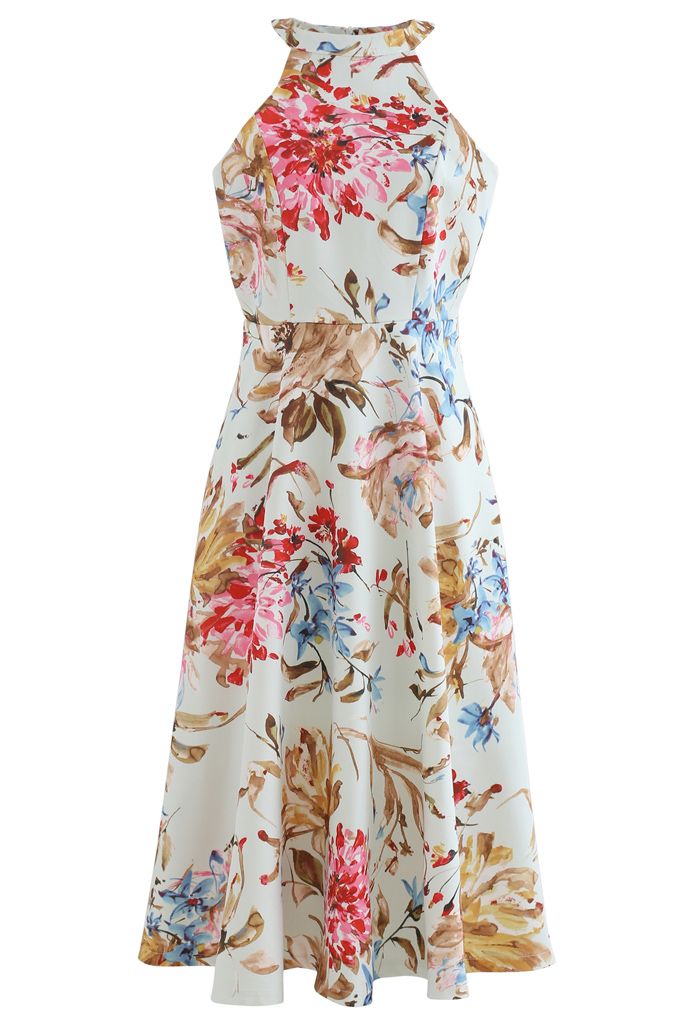 Ivory Bloom Halter Neck Floral Printed Midi Dress Elegant
