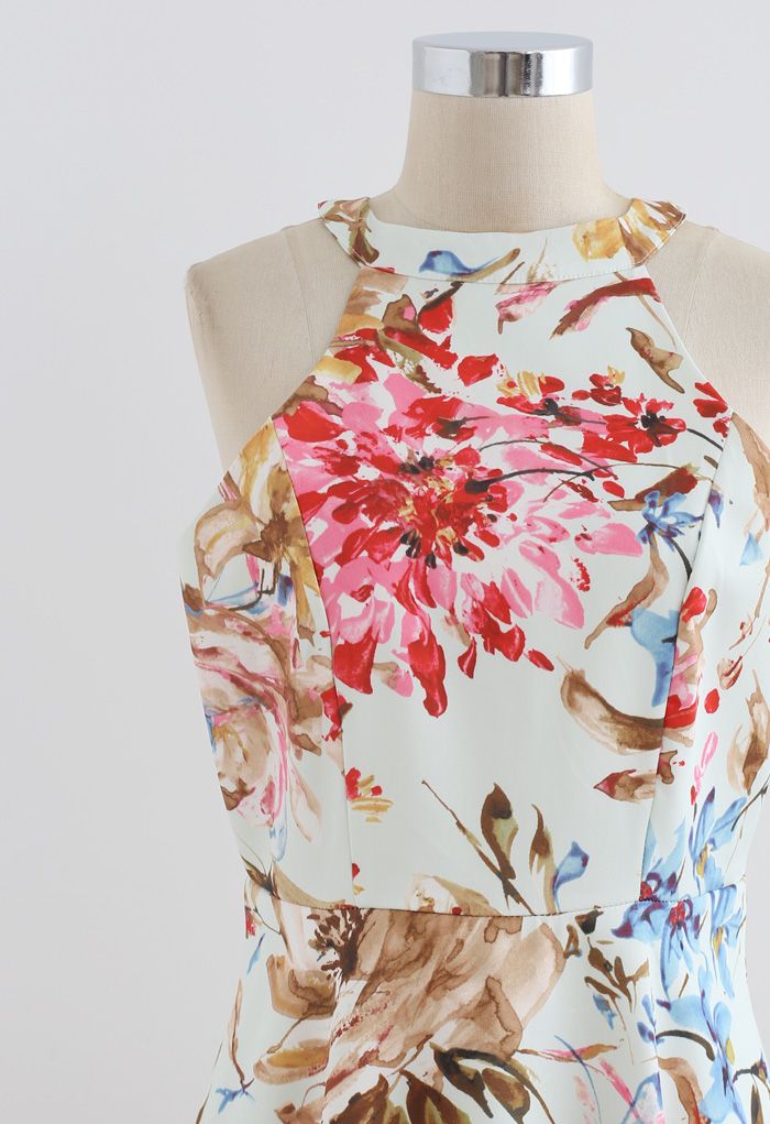Ivory Bloom Halter Neck Floral Printed Midi Dress Elegant