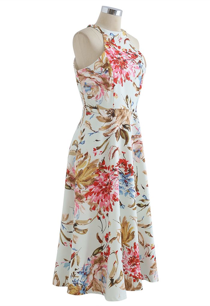 Ivory Bloom Halter Neck Floral Printed Midi Dress Elegant