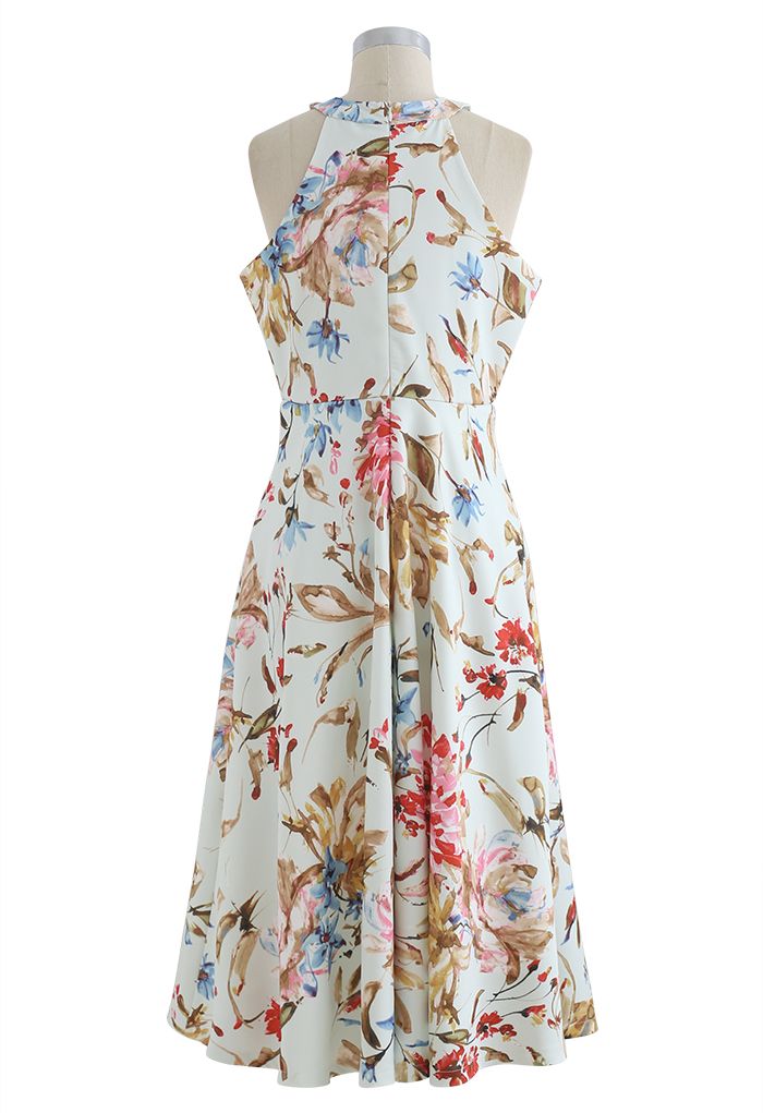 Ivory Bloom Halter Neck Floral Printed Midi Dress Elegant