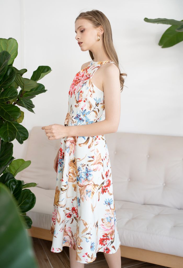 Ivory Bloom Halter Neck Floral Printed Midi Dress Elegant