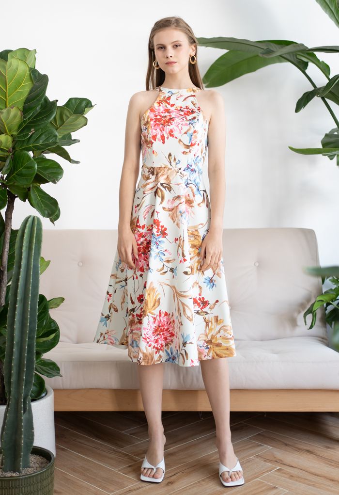 Ivory Bloom Halter Neck Floral Printed Midi Dress Elegant