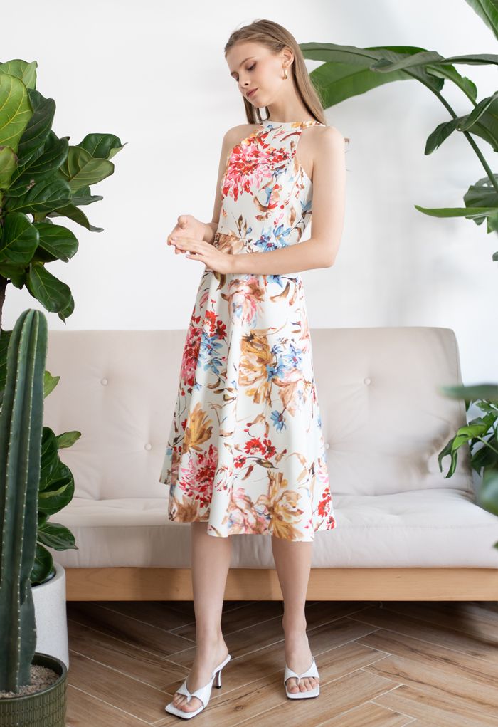 Ivory Bloom Halter Neck Floral Printed Midi Dress Elegant