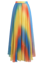 Elegant Women’s Rainbow Ombre Flowing Georgette Maxi Skirt Featuring a Flared Airy Silhouette and Soft Draped Fabric for Timeless Style