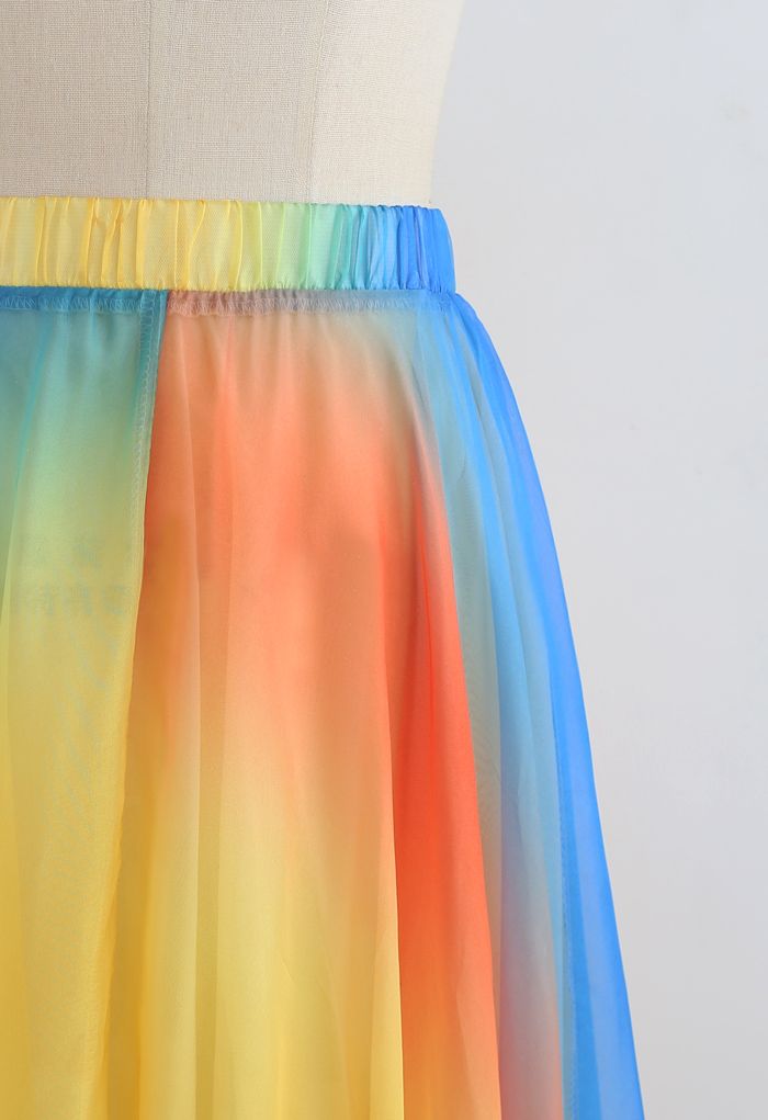 Elegant Women’s Rainbow Ombre Flowing Georgette Maxi Skirt Featuring a Flared Airy Silhouette and Soft Draped Fabric for Timeless Style