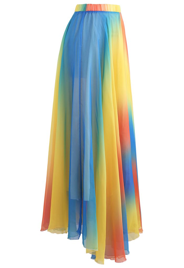 Elegant Women’s Rainbow Ombre Flowing Georgette Maxi Skirt Featuring a Flared Airy Silhouette and Soft Draped Fabric for Timeless Style