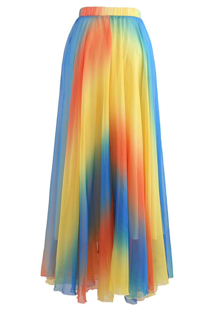 Elegant Women’s Rainbow Ombre Flowing Georgette Maxi Skirt Featuring a Flared Airy Silhouette and Soft Draped Fabric for Timeless Style