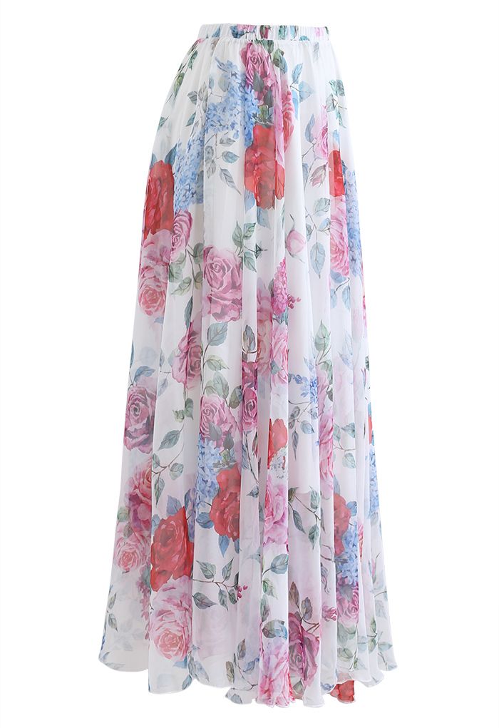 White rose and hydrangea floral chiffon maxi skirt elastic waist