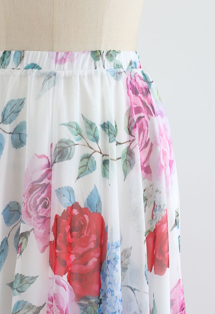 White rose and hydrangea floral chiffon maxi skirt elastic waist