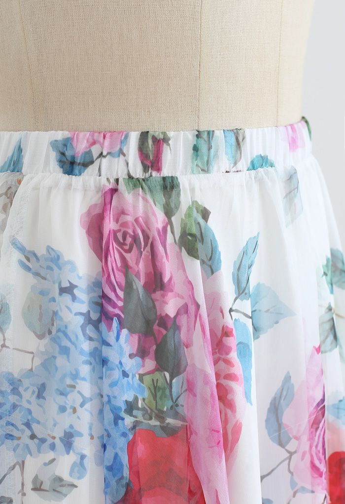 White rose and hydrangea floral chiffon maxi skirt elastic waist