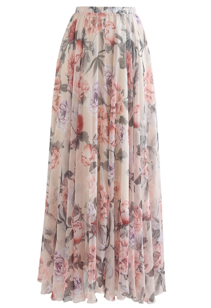 Ivory Rose Garden Printed Chiffon Maxi Skirt for Women  Lightweight Breathable Fabric with Graceful Movement