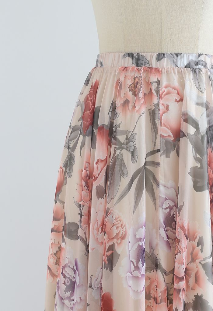 Ivory Rose Garden Printed Chiffon Maxi Skirt for Women  Lightweight Breathable Fabric with Graceful Movement