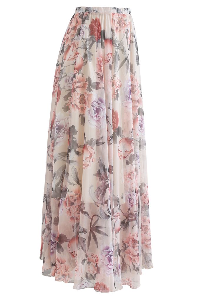Ivory Rose Garden Printed Chiffon Maxi Skirt for Women  Lightweight Breathable Fabric with Graceful Movement