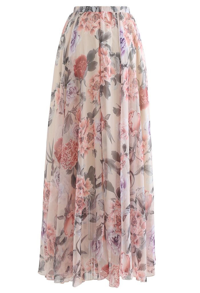 Ivory Rose Garden Printed Chiffon Maxi Skirt for Women  Lightweight Breathable Fabric with Graceful Movement