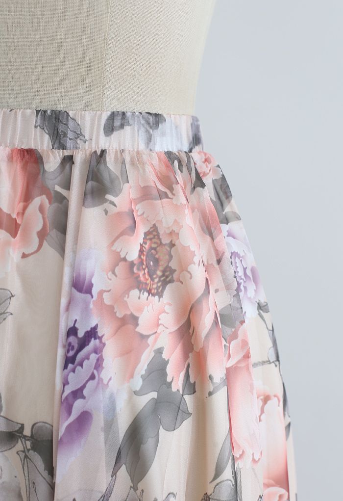 Ivory Rose Garden Printed Chiffon Maxi Skirt for Women  Lightweight Breathable Fabric with Graceful Movement