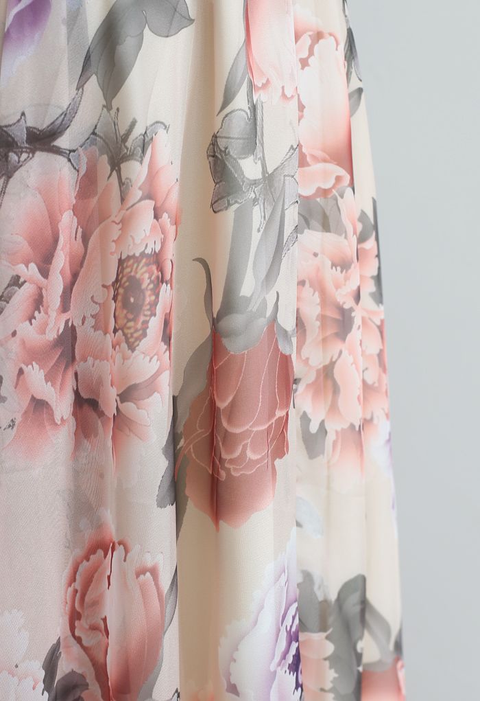 Ivory Rose Garden Printed Chiffon Maxi Skirt for Women  Lightweight Breathable Fabric with Graceful Movement
