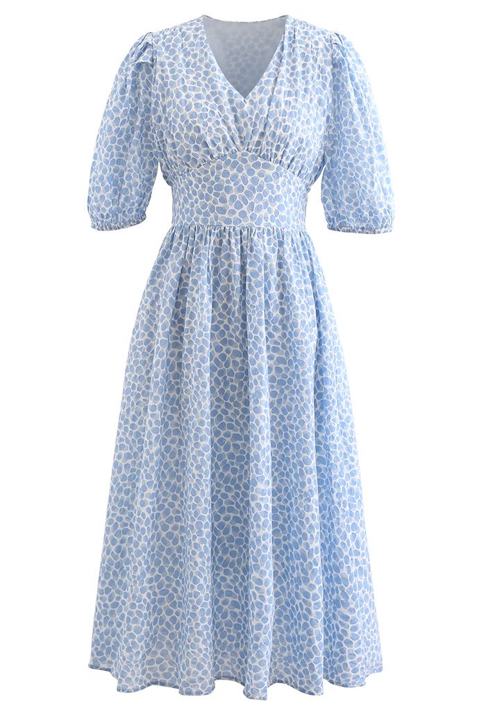 Powder Blue Ditsy Floral Printed Midi Dress Elegant Puff Sleeve