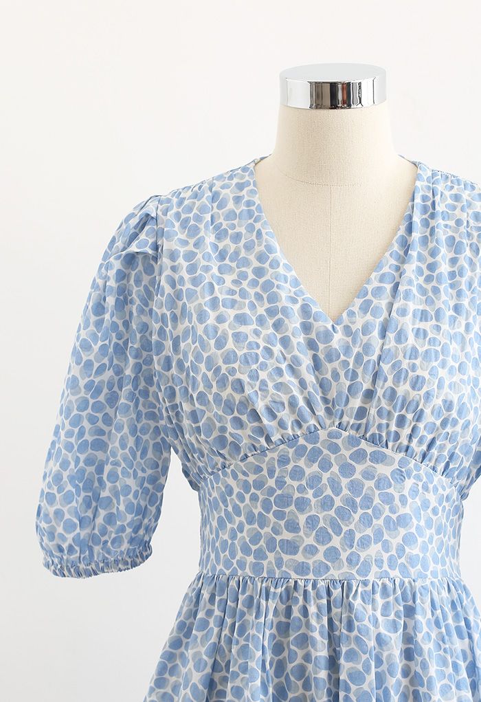 Powder Blue Ditsy Floral Printed Midi Dress Elegant Puff Sleeve