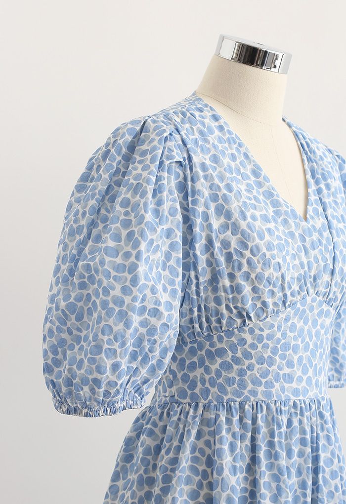 Powder Blue Ditsy Floral Printed Midi Dress Elegant Puff Sleeve