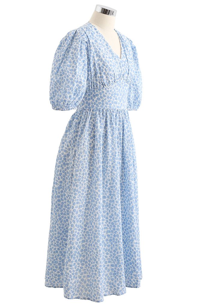 Powder Blue Ditsy Floral Printed Midi Dress Elegant Puff Sleeve