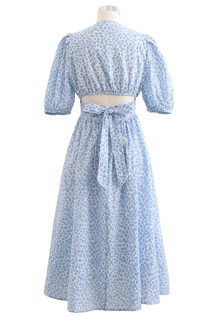 Powder Blue Ditsy Floral Printed Midi Dress Elegant Puff Sleeve