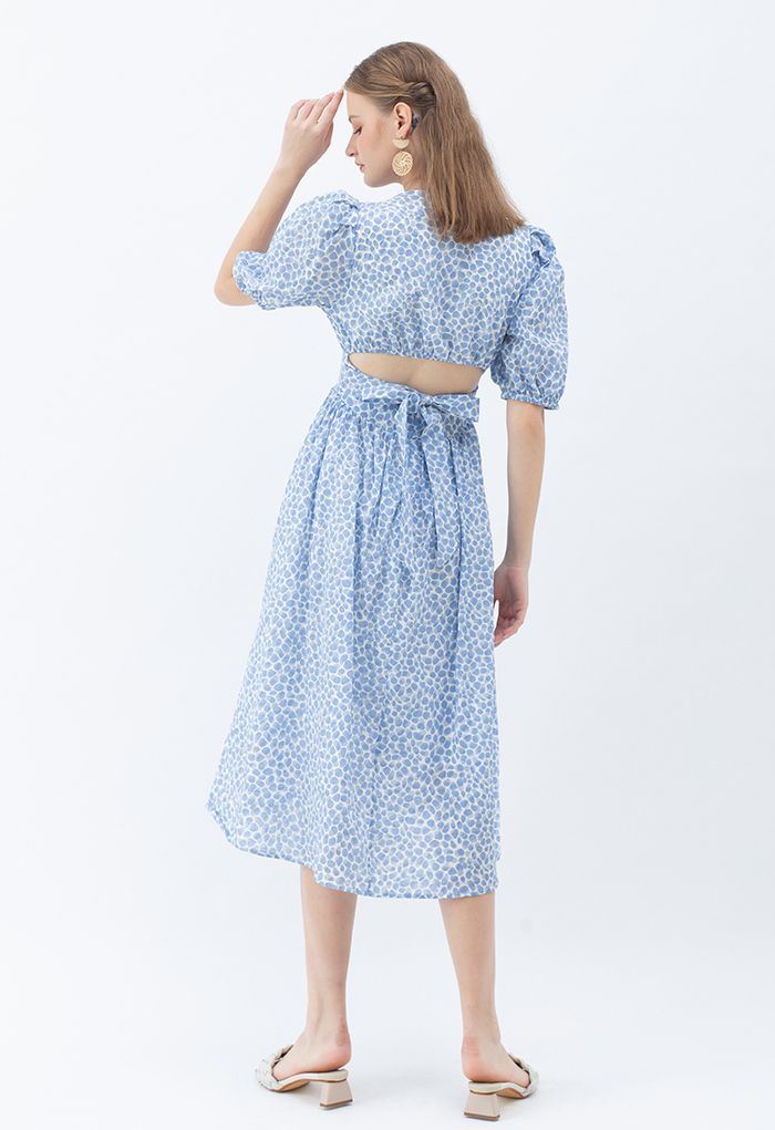 Powder Blue Ditsy Floral Printed Midi Dress Elegant Puff Sleeve