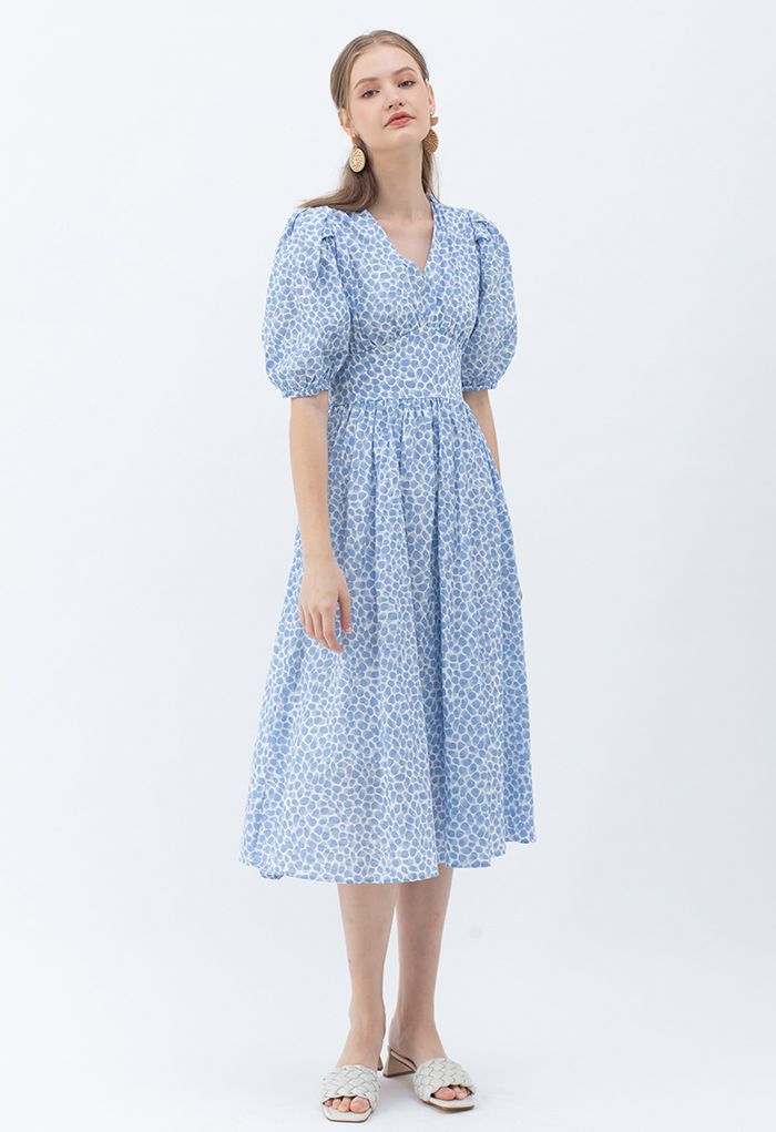 Powder Blue Ditsy Floral Printed Midi Dress Elegant Puff Sleeve