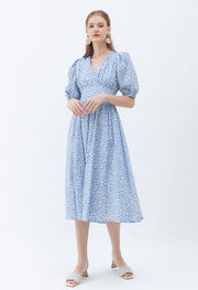Powder Blue Ditsy Floral Printed Midi Dress Elegant Puff Sleeve
