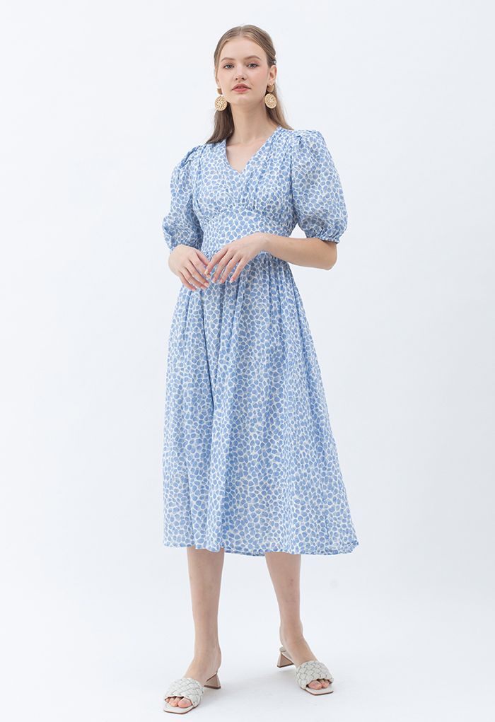 Powder Blue Ditsy Floral Printed Midi Dress Elegant Puff Sleeve