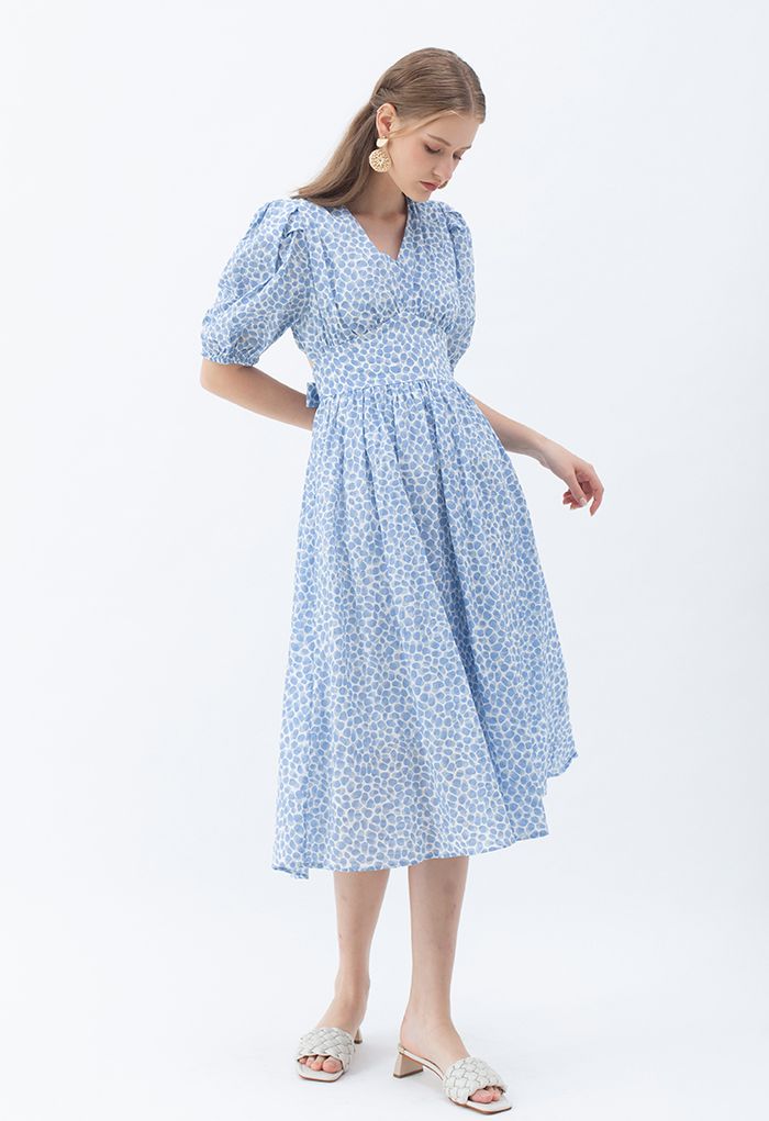 Powder Blue Ditsy Floral Printed Midi Dress Elegant Puff Sleeve