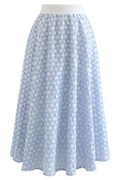 Elegant Women’s Light Blue Floral Print Midi Skirt with High Waist Elastic Band Soft Flared A Line Silhouette for Casual Office & Daily Wear